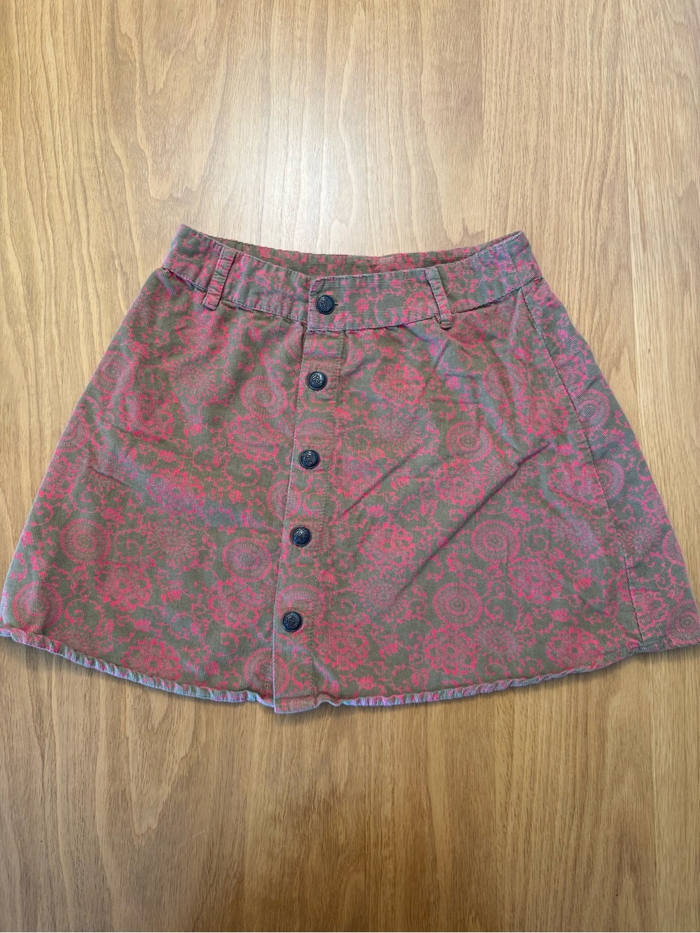 Button-Front Floral Mini Skirt in Pink and Brown Corduroy